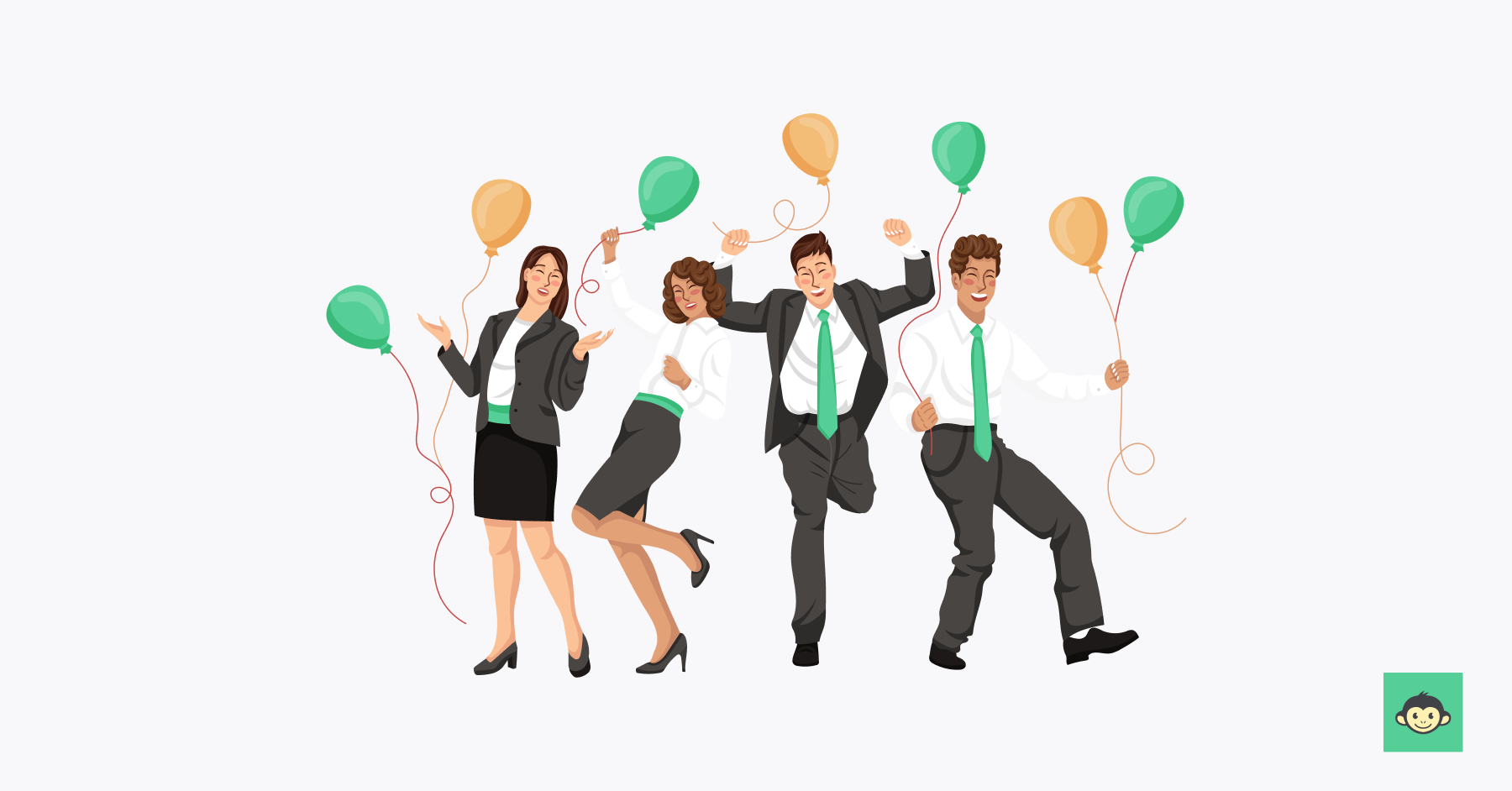 Four employees are celebrating work anniversary by dancing and holding balloons 