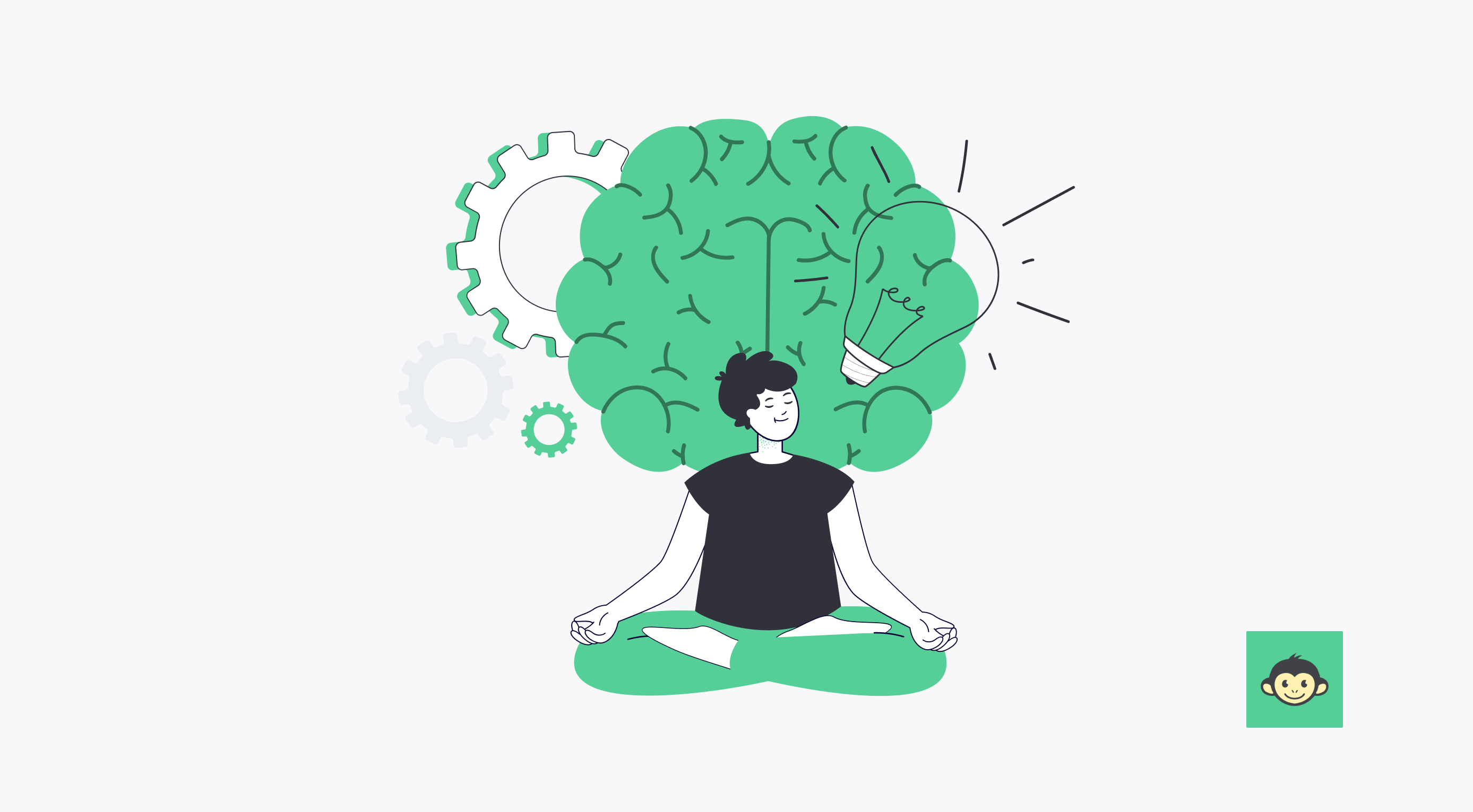 An employee is meditating while there is a huge brain image behind