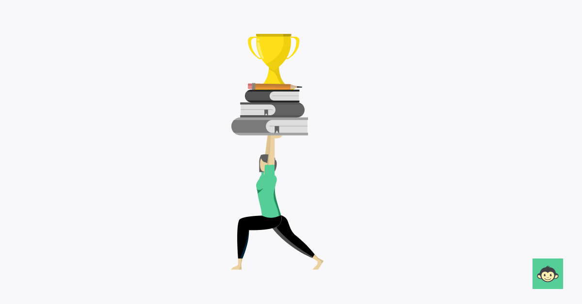 Employee is doing yoga while carrying books and a trophy
