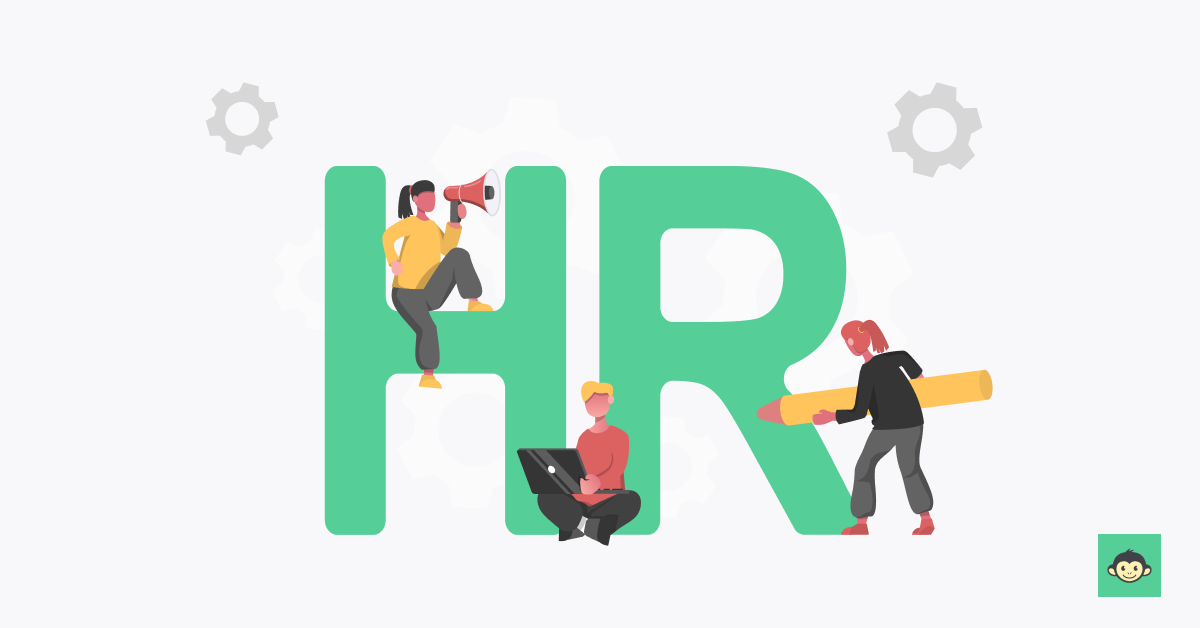 Employees are working next to giant word that spell "HR"