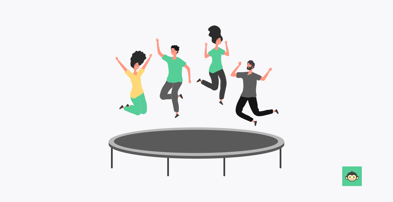 Employees are jumping on a trampoline 