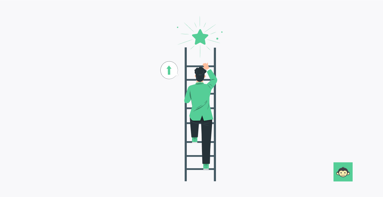 An employee climbing up the ladder to reach company's goal