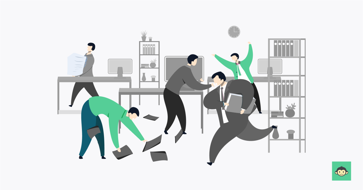 Employees are running all around the hectic workplace