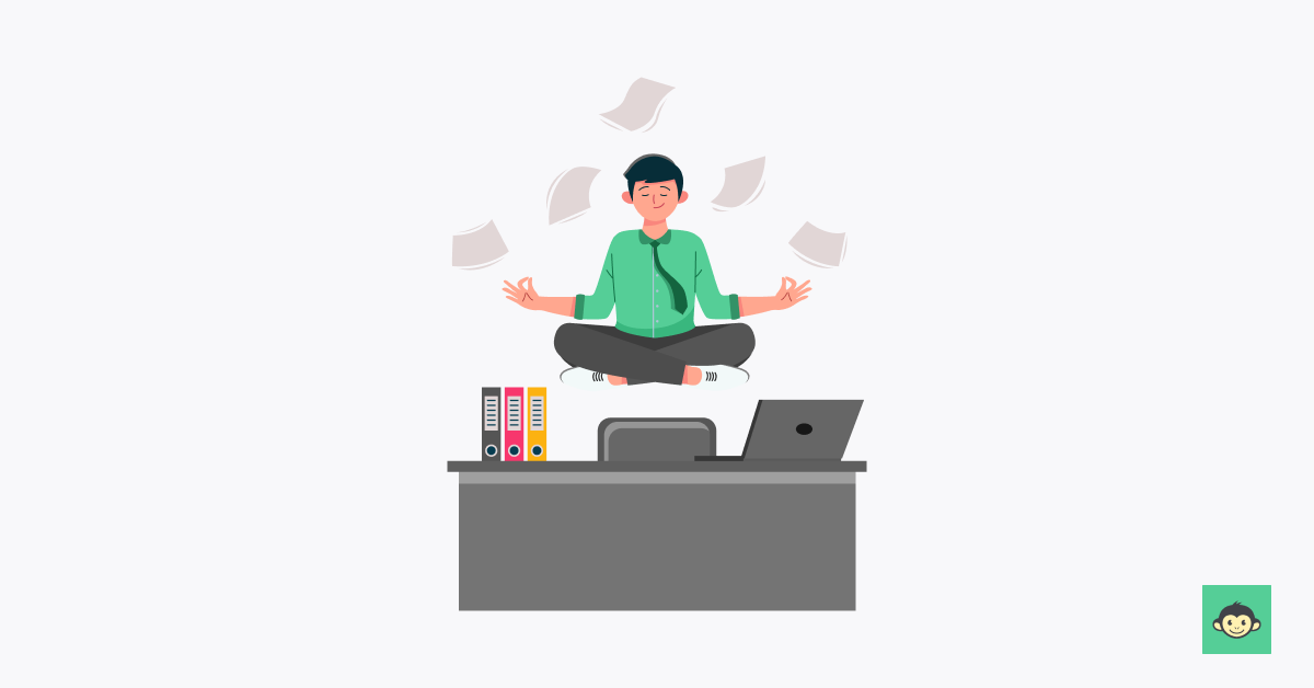 Employee is levitating while doing meditation in the workplace