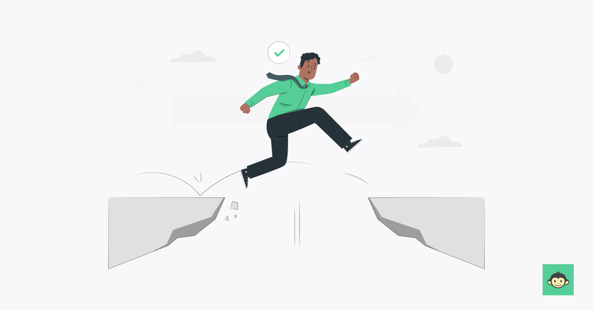 Employee jumping from cliff to another