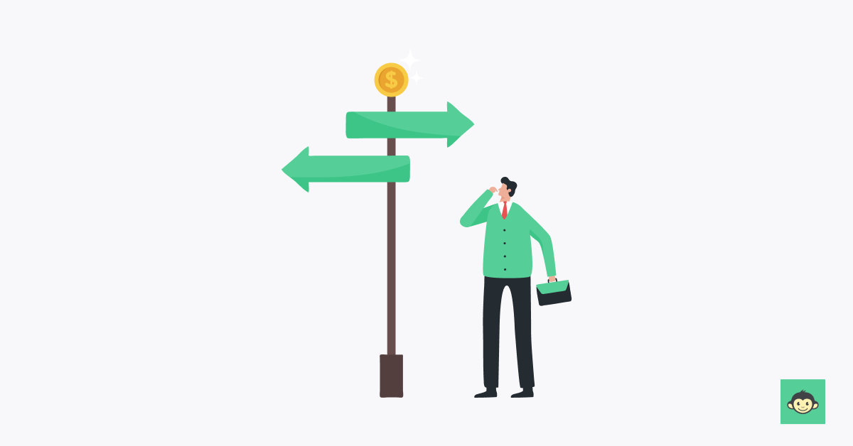 Employee staring at a pole with two arrows directing two different ways