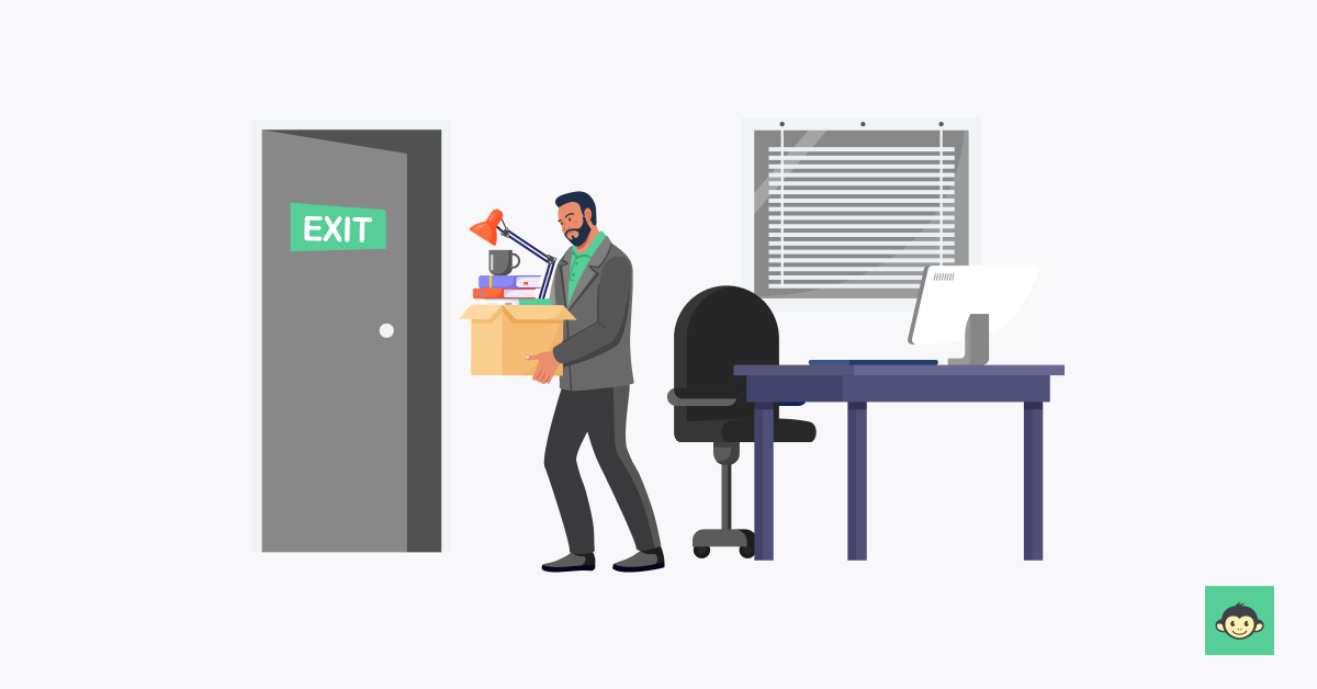 Employee walking towards the exit door with all his things