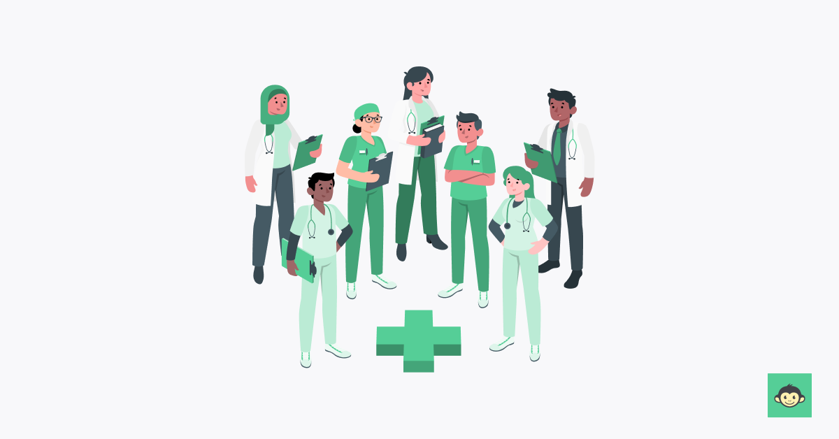 Healthcare workers are standing around a huge cross symbol