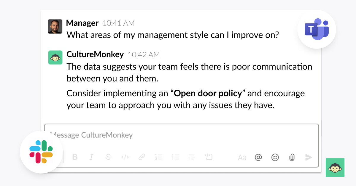 Managers can interact with CultureMonkey's Slackbot after each survey