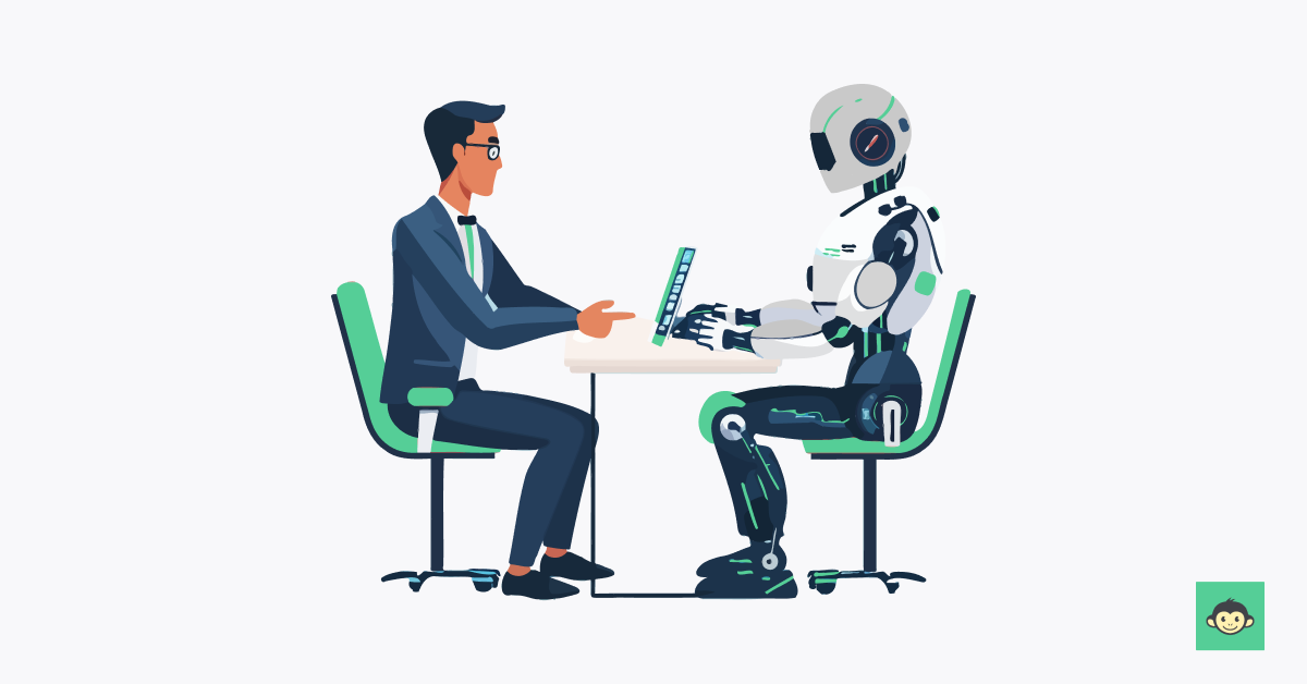 Employee is sitting with a robot and working 