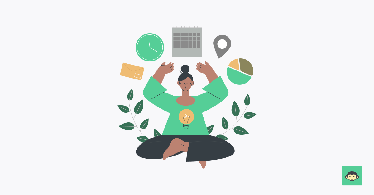 Employee meditating while a calendar, clock, mail, and few more things floating around