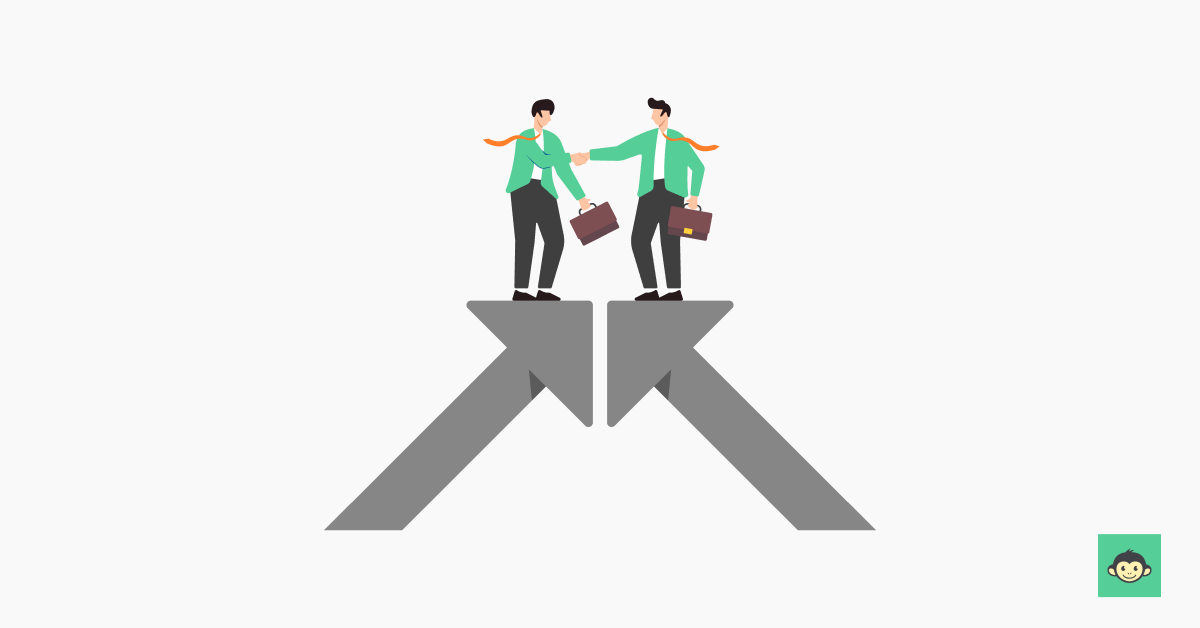 Employer and employees shaking hands on top of a arrows 