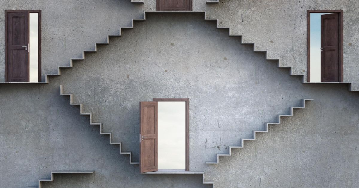 A network of open doors connected by staircases