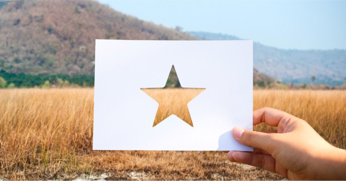 A hand holding paper start in a field