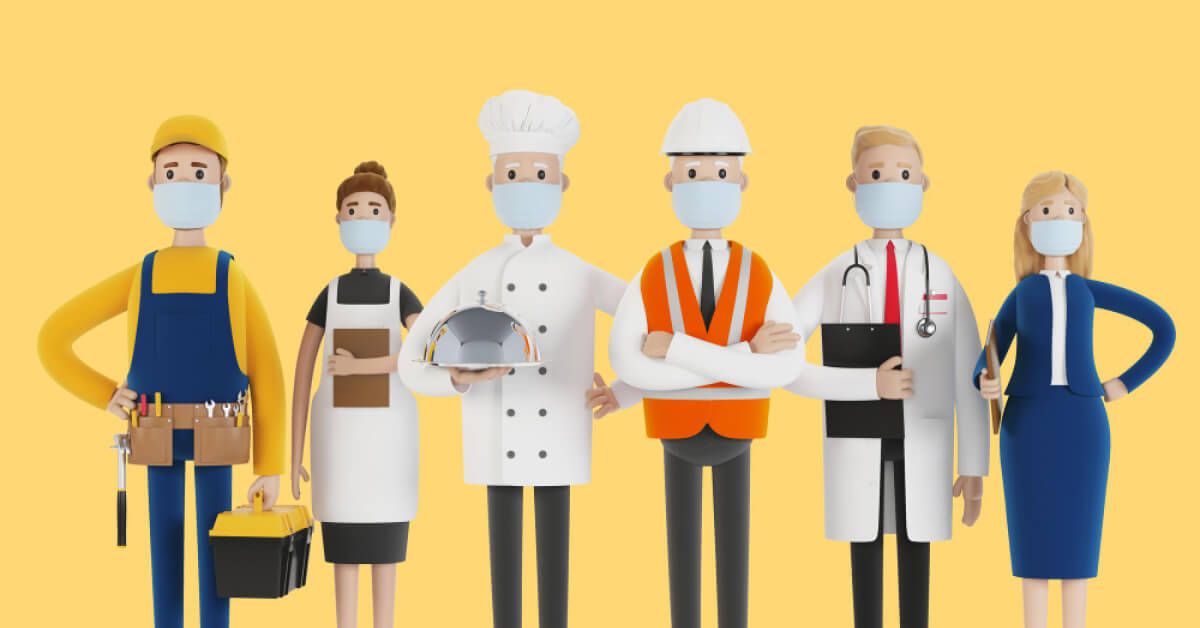 A representation of personnel from various professions standing in a row