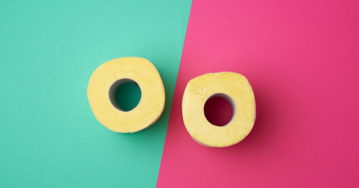 Split screen arrangement of two rolls against green and red backdrops