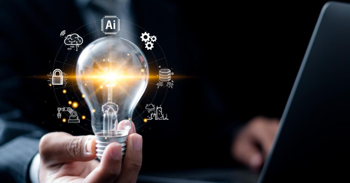 Person holding a lightbulb with vector graphics around it
