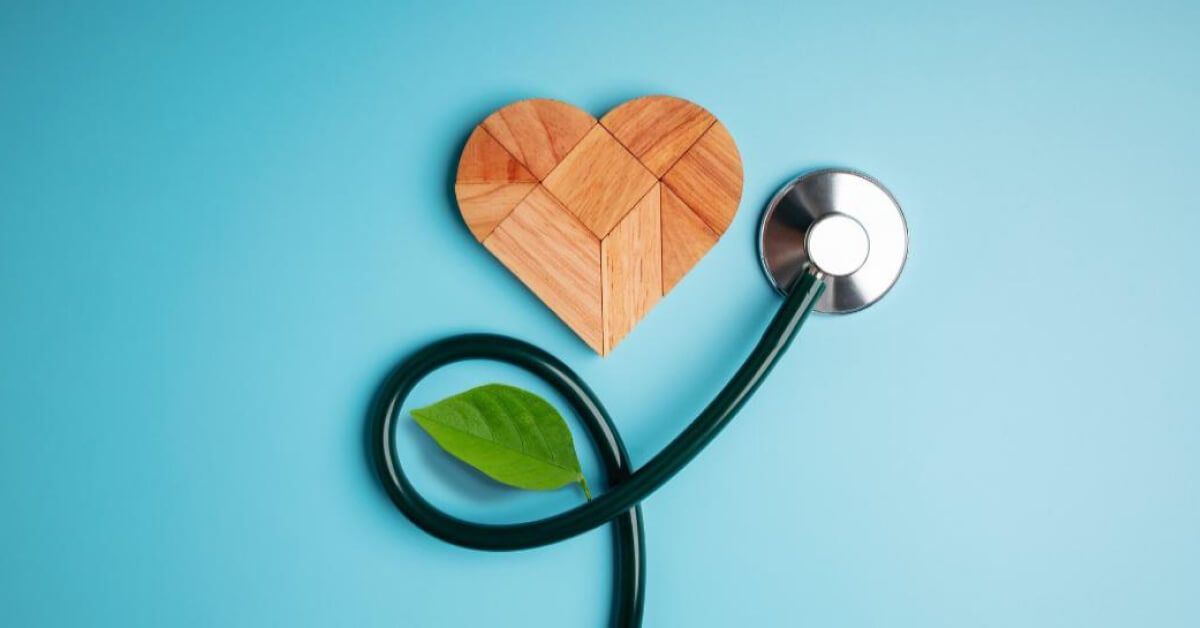 Heart made up of wooden blocks with a leaf and a stethoscope next to it