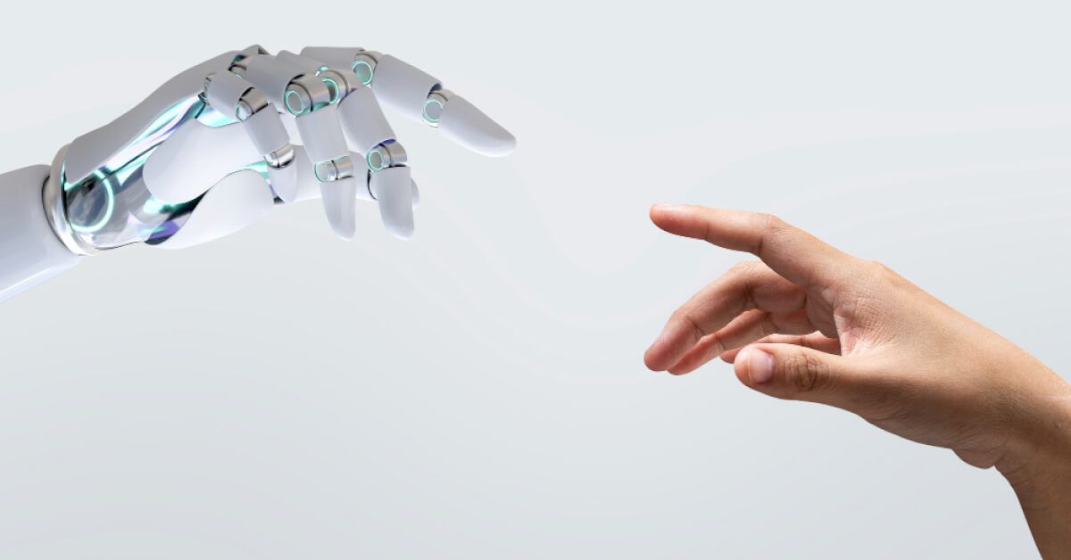 Human and robot fingers trying to touch