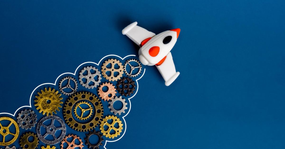 A rocket ship leaving a trail of interlocking gears
