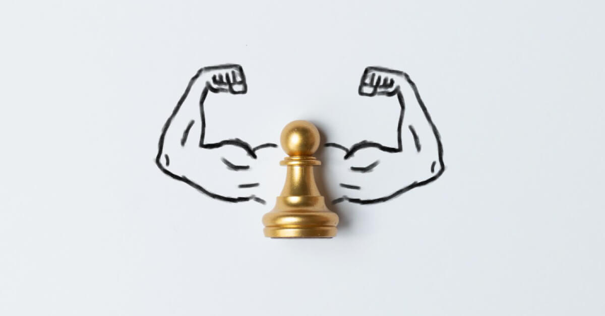 Drawing of muscular arms around a golden pawn