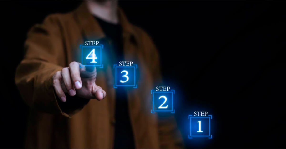 Person interacting with a holographic step visual