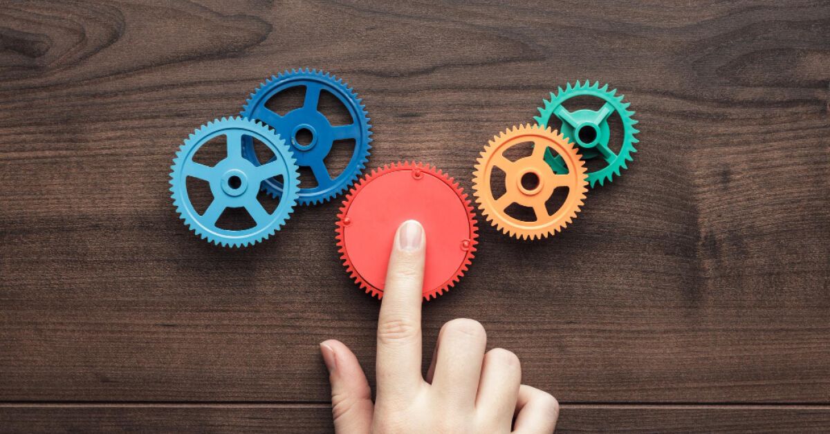 Person placing a red gear into a network of gears
