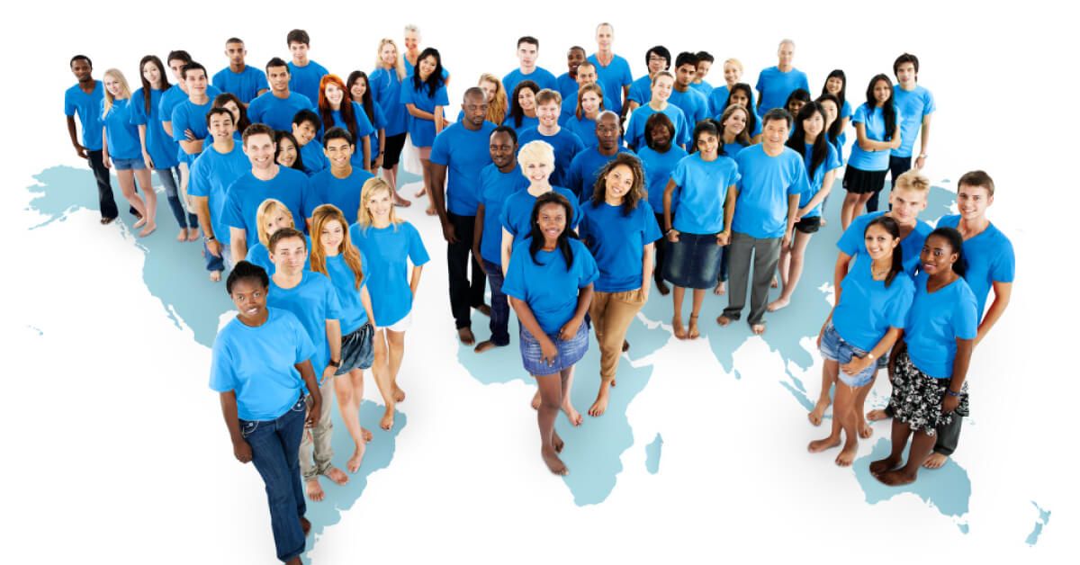 Groups of diverse employees across the world map