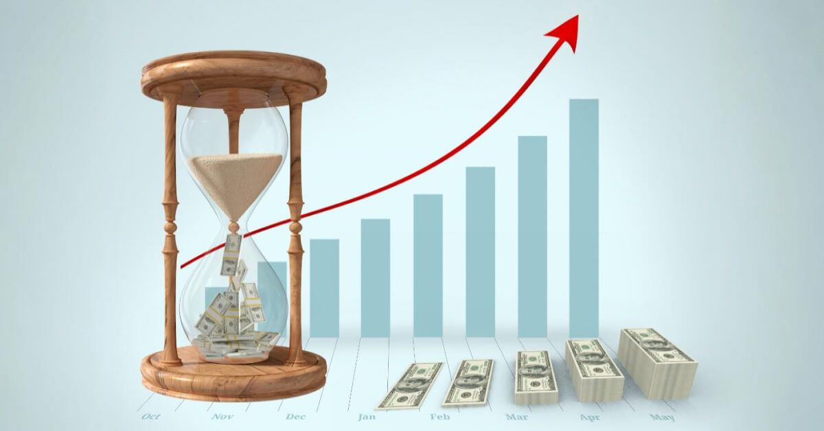 Upward moving bar graph next to stacks of money and an hourglass