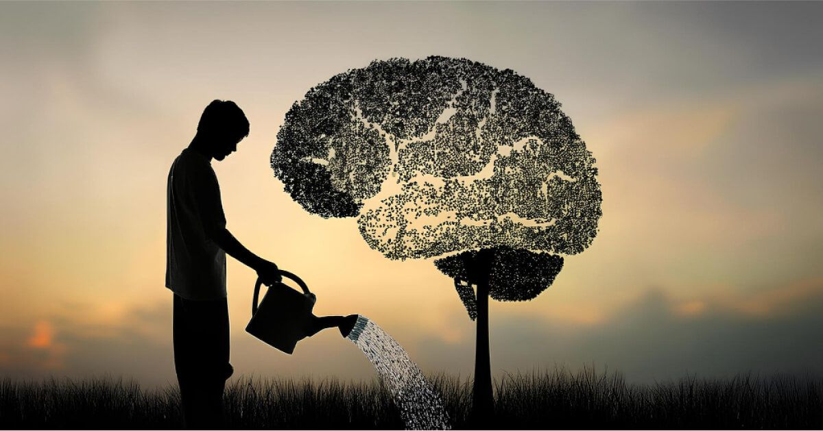 Silhouette of a person watering a brain-shaped plant