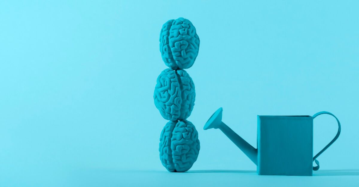 Blue watering can next to a stack of toy brains