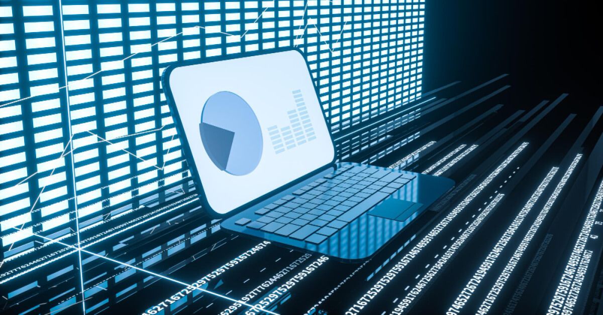 Data and infographics on and around a laptop