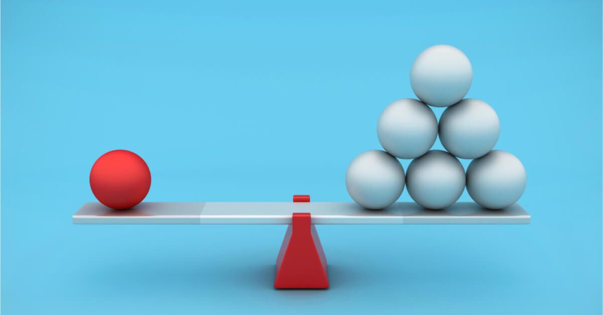 One red ball is equal to the amount of six white balls in this weighing scale
