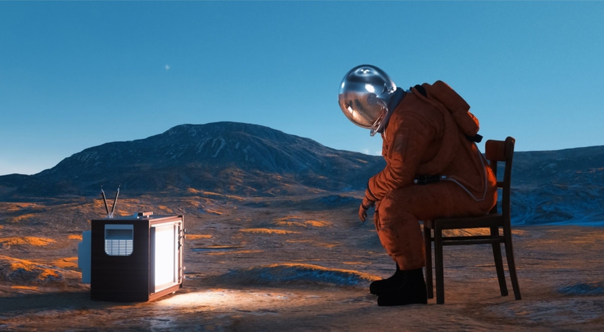 Astronaut looking at a TV in a different planet