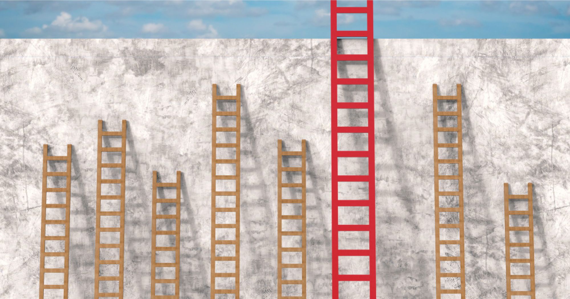 Various ladders against a wall but the tallest ladder is a red ladder