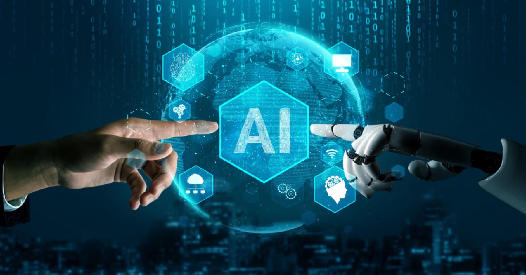 A human hand and a robotic arm interacting with a holographic visual