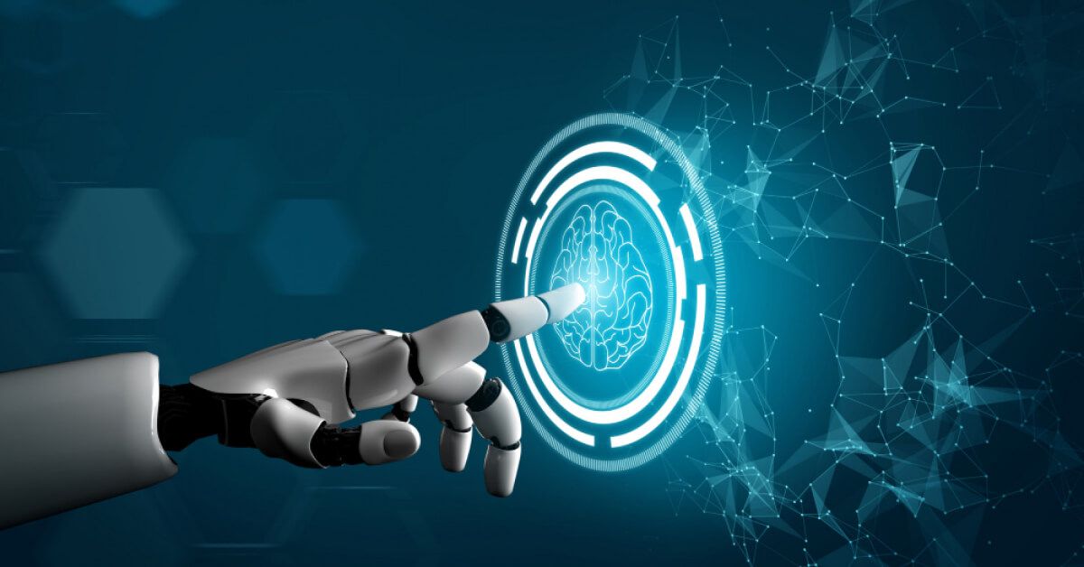 Robotic arm pointing at a holographic screen