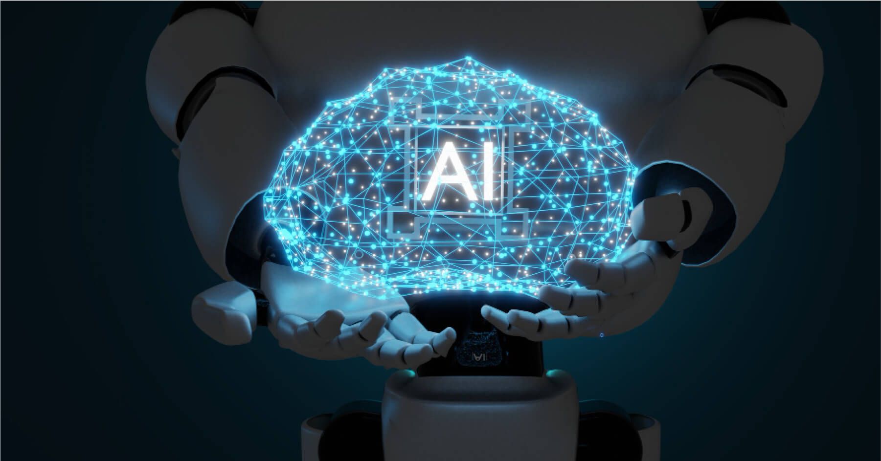Robotic figure holding a holographic AI network