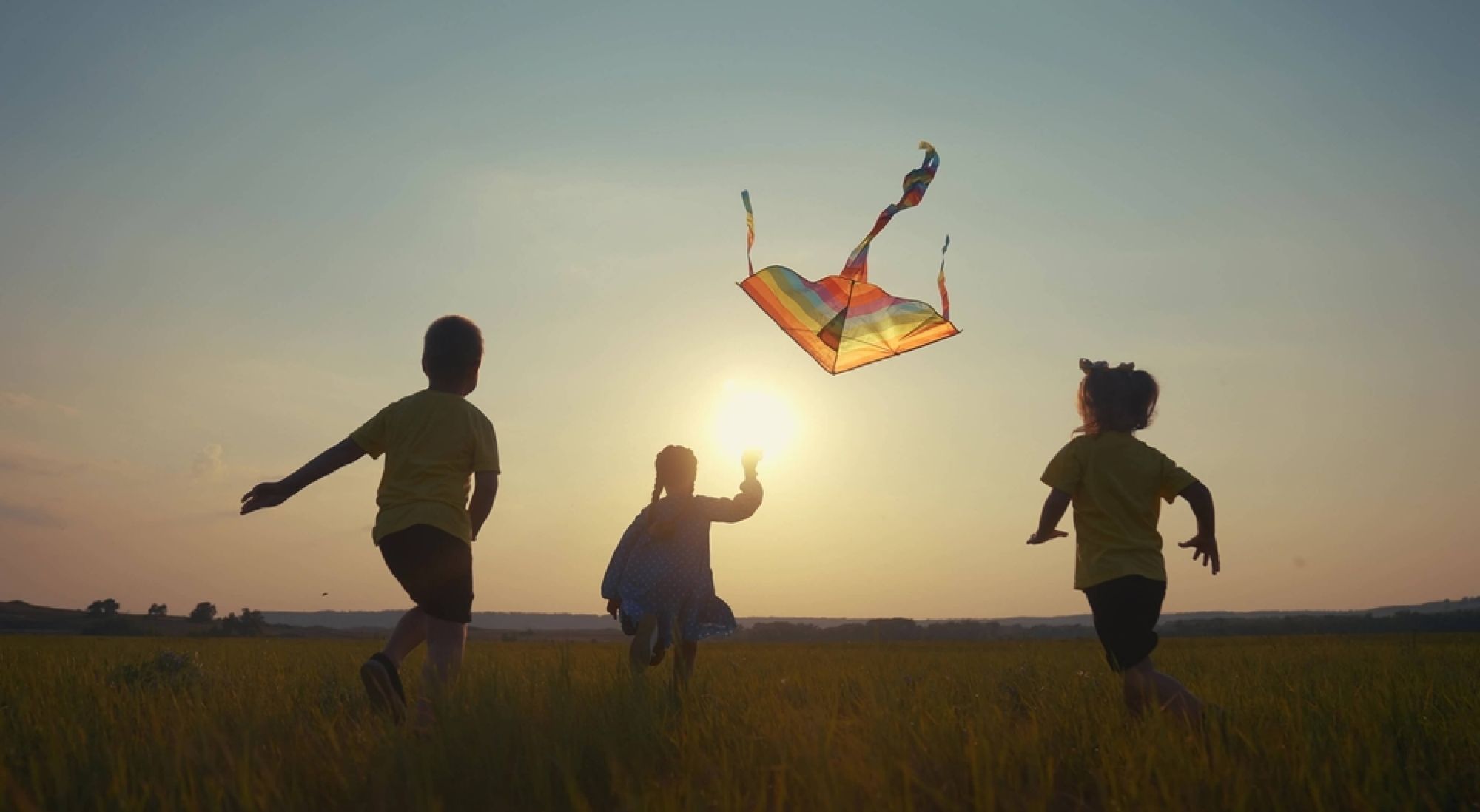 Children run with a kite in the park
