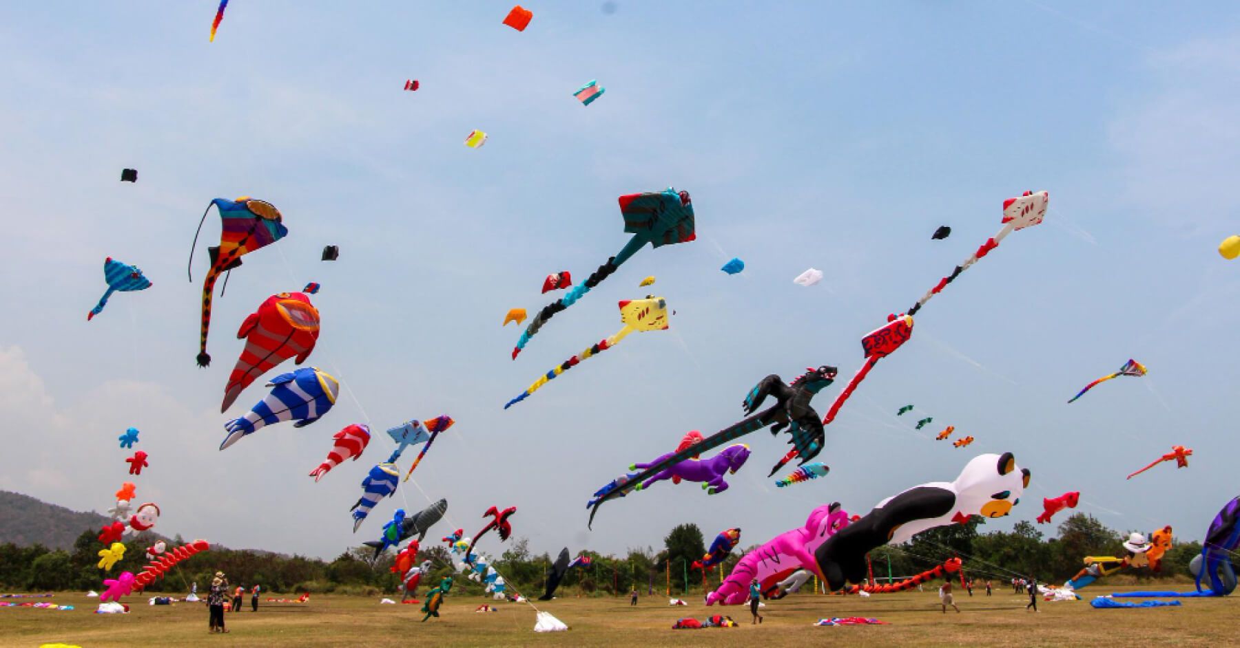 Colorful kites flying over landscape against sky