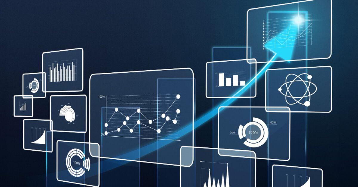 Visuals of dashboards and an upward moving arrow