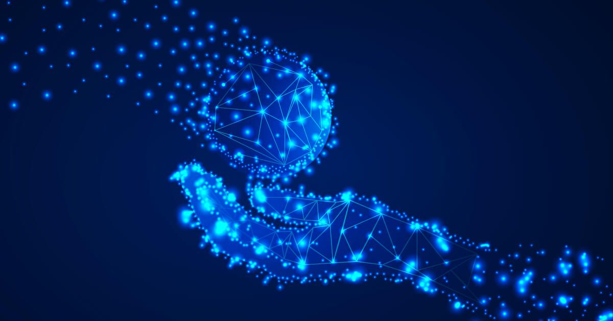 Hands made of lights reaching out to grab a ball made of lights