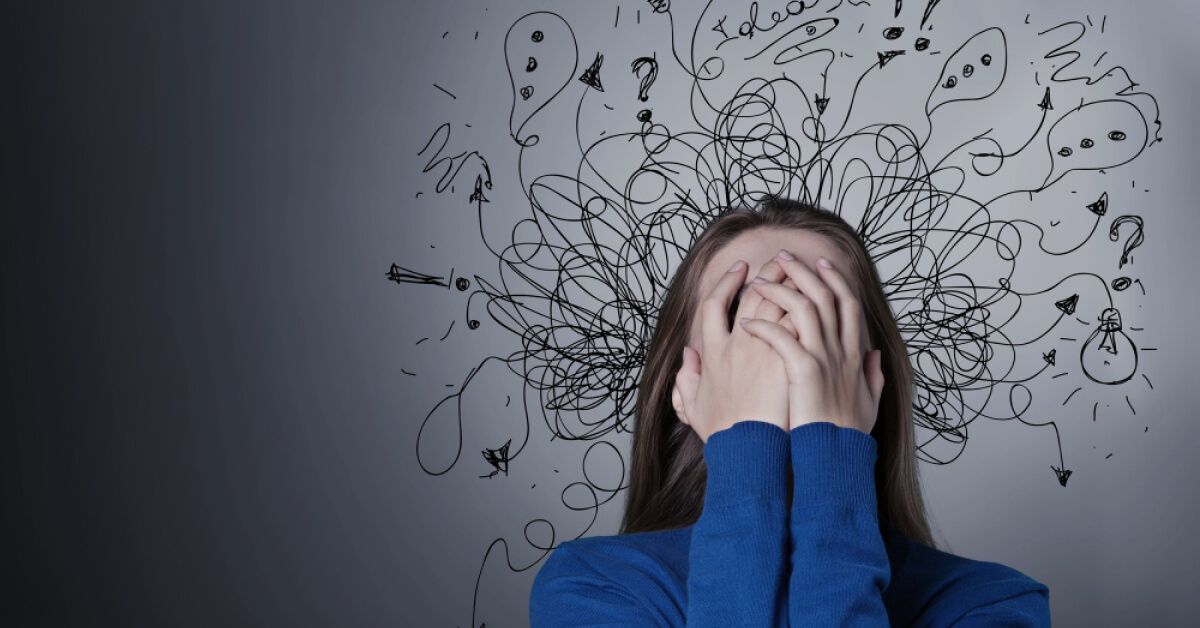 A stressed woman with a lot of thoughts