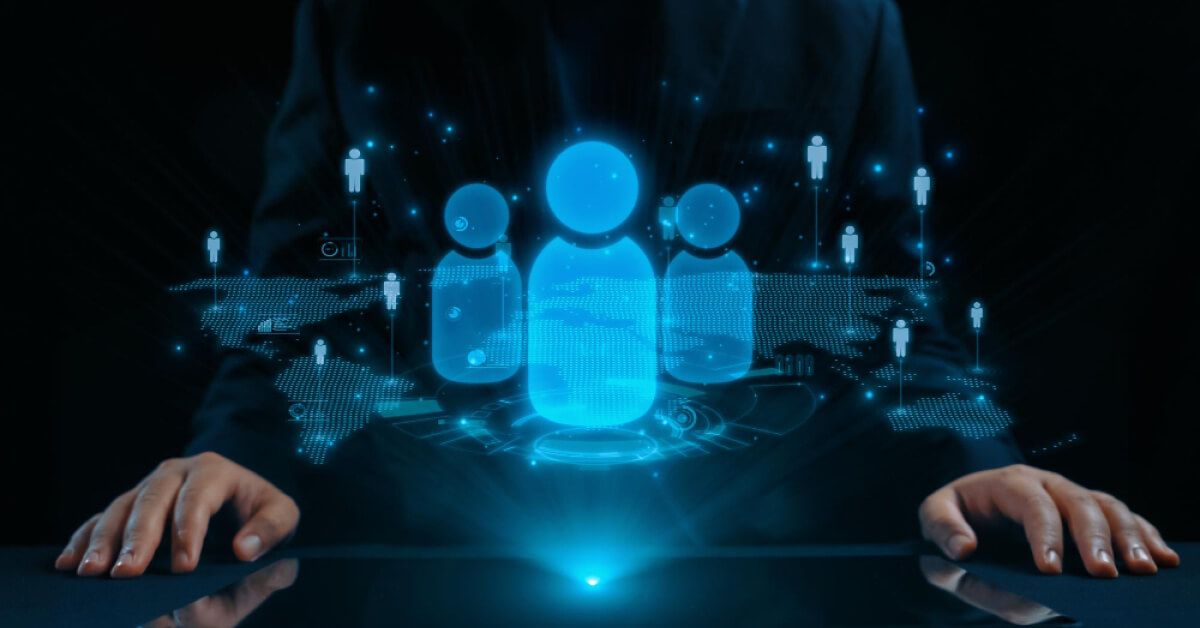 Person in front of holographic projections of a network