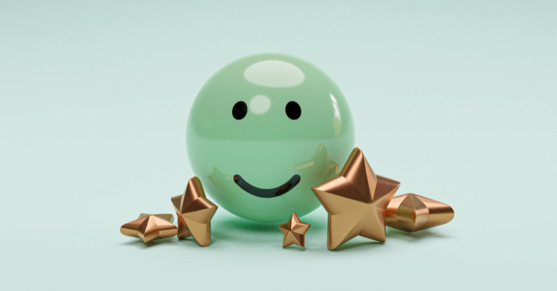 Green ball with a reaction face, next to golden stars