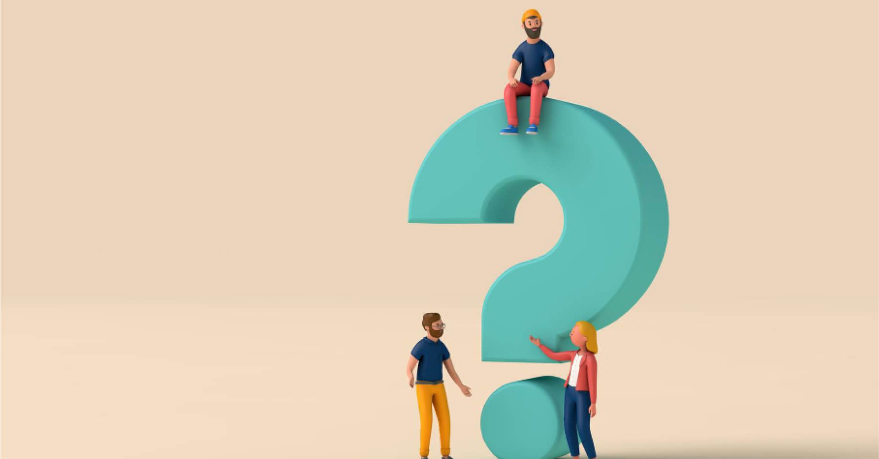 Employees talking to each other around a big question mark