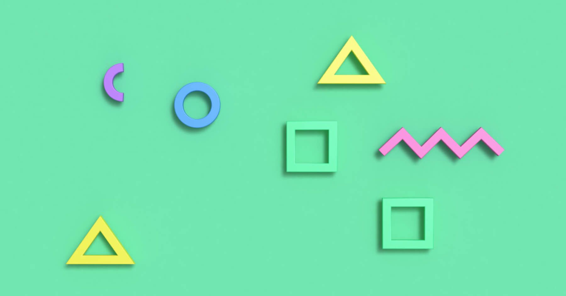 Variably coloured shapes against a green backdrop