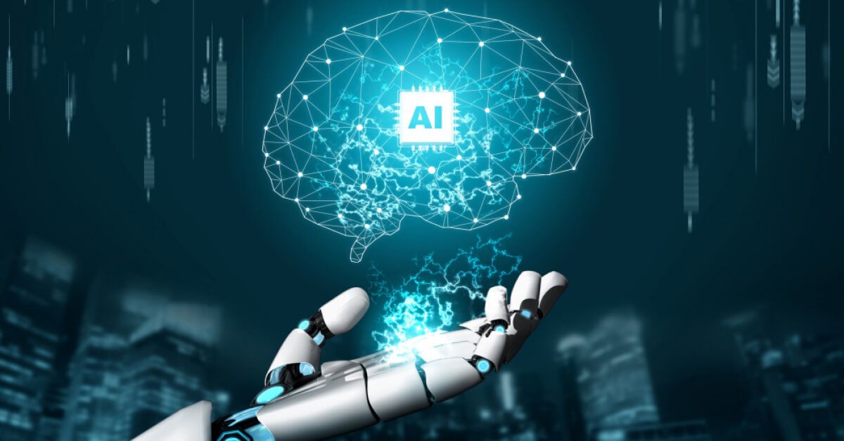 Robotic arm holding a holographic AI visual