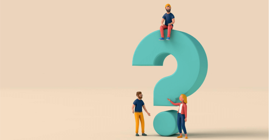 Giant question mark next to human figurines 