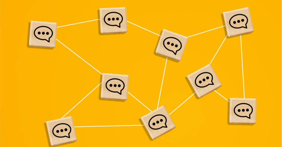 Network of wooden blocks with message graphics on them